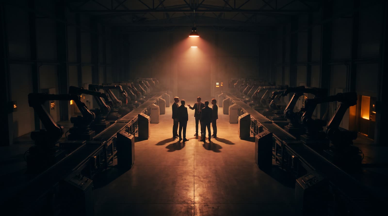 Dunkle Fabrikhalle, in der Mitte ein Lichtkegel über einer Gesprächsrunde (KI-generiertes Bild)